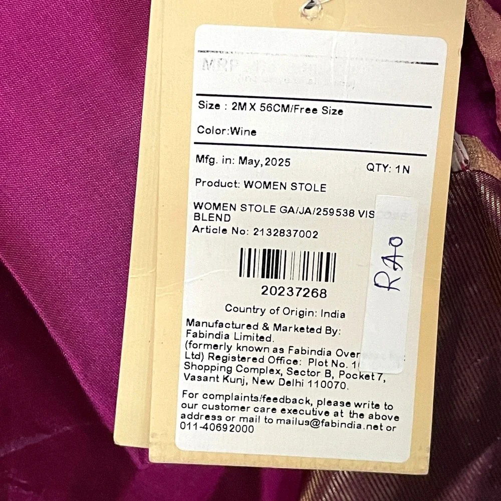 NEW Saree Sari Stole Purple Gold Metallic Woven Viscose Blend Fabindia Banarasi
